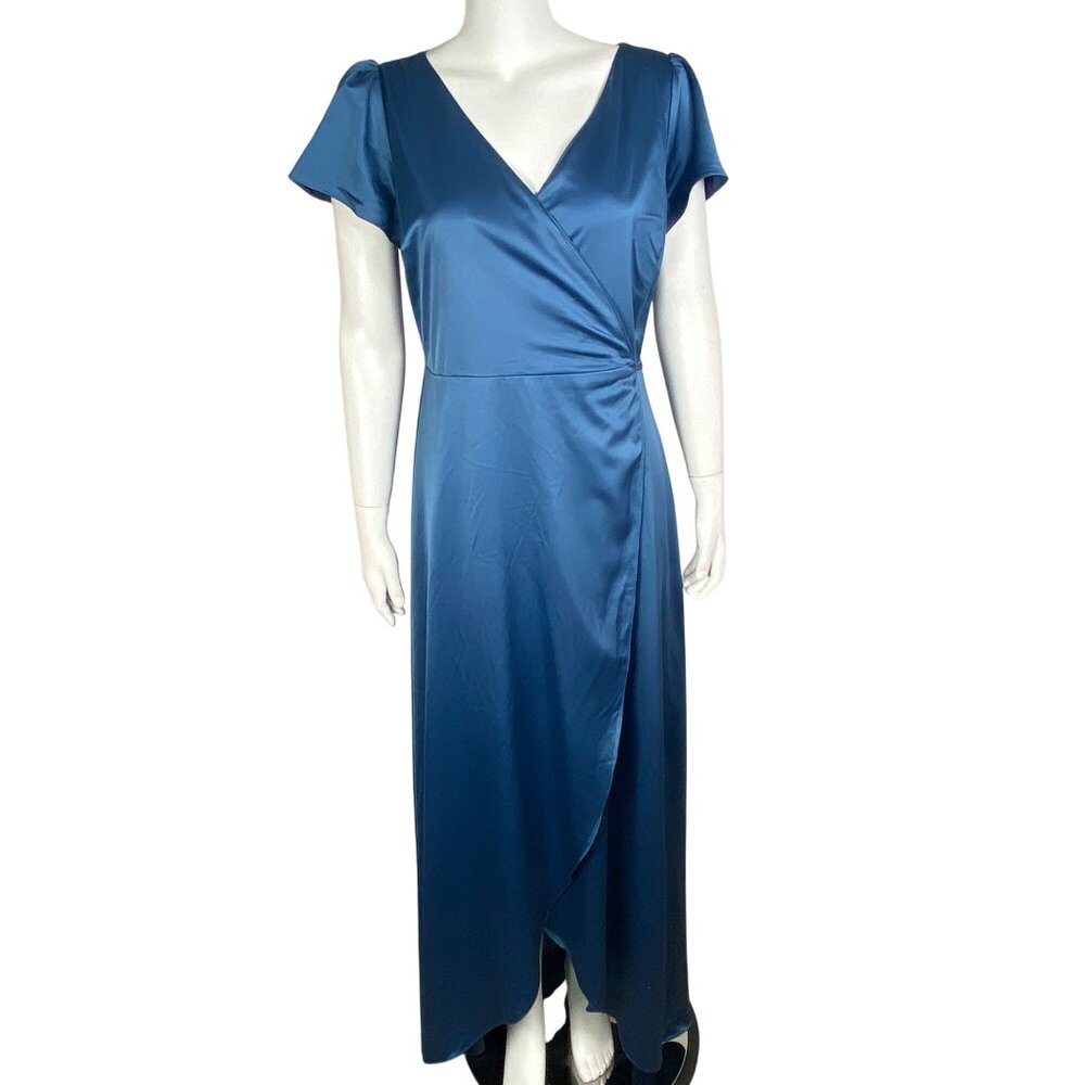 Baltic Born Vara Satin Maxi Wrap Dress Womens Size L Blue Short Sleeve V Neck